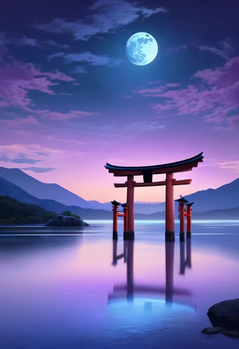 a breathtaking scene featuring a torii gate standing in the water under a full moon. the sky is filled with scattered clouds, pa...