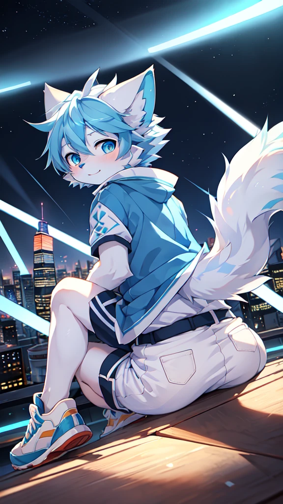 Blue hair，White hair，Blue dragon tail，The end of the tail has white fuzz，hairy，God of Art Super Top Quality, Super detailed, High resolution, Anime cute art style, The best anime, 8k, Kona sauce wallpaper, Pixiv Contest Winners, Perfect anatomical structure, , (Energetic teenager, 13 years old:1.3), High resolution详细的头发，Iris and pupil are well proportioned，Blue pupils，Blue ears，Single，Light blue coat，White shorts，White stockings，White sneakers，night，City，On top of the building，Neon lights