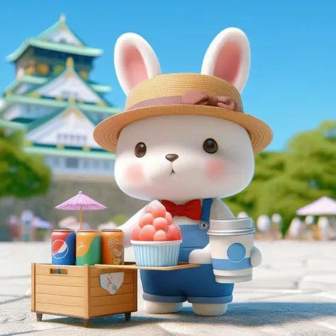 there is a white rabbit with a straw hat and a basket of fruit., cute 3 d render, adorable digital painting, cute! c4d, cute ant...