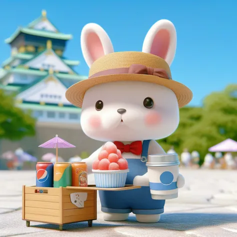 there is a white rabbit with a straw hat and a basket of fruit., cute 3 d render, adorable digital painting, cute! c4d, cute ant...