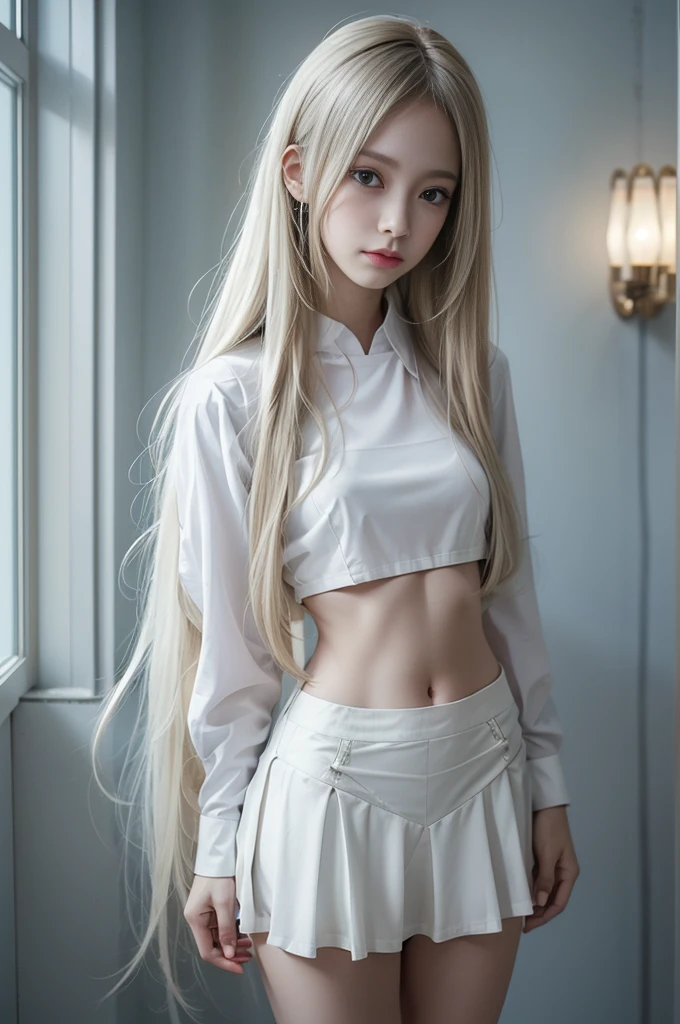 (1girl in:1.3), Cinematic Light, (masutepiece, of the highest quality, Best Quality, Beautiful and aesthetic:1.3), Very detailed、The finest details,(Super detailed),、 
From above,(( Lying in bed))、 
独奏、chest、Silky long hair、（Golden white hair）, ((Translucent shirt)), Open chest、（Lace panties are visible)Medium sizechest)、Detailed face、Bright expression、young、 Bright、Whiter skin、Great looks、Ultimate beauty、shiny white hair:1.8、Bright shiny hair、Super long、Silky straight hair、Hair swaying in the wind))(Puffy eyes:1.2)、(slim legs)、(Light on face and chest)、((underboob))、Under chest、Oily skin、thin、 (Under chestがうっすら見える)、(Under chest、Belly button and ribs visible)、Hips and lower abdomen are visible、(Pull up your skirt)、