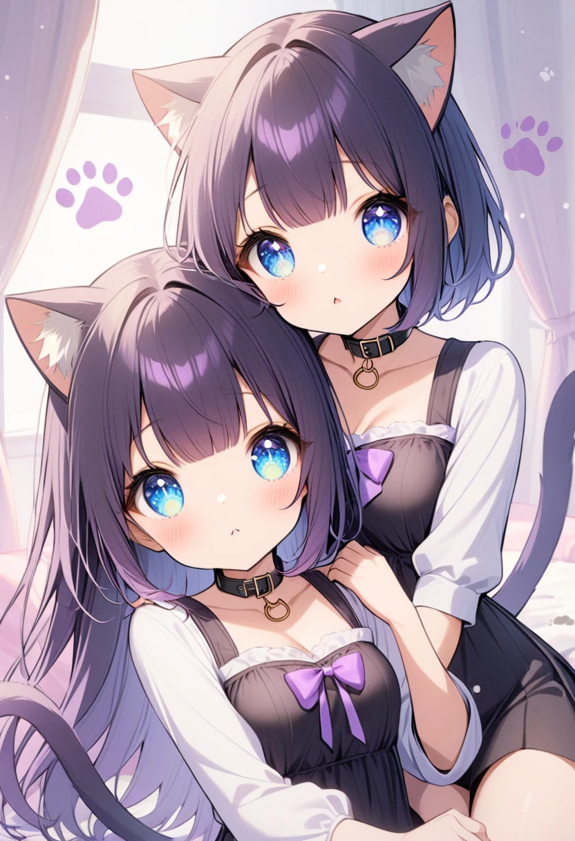 2 girls, 1 girl with Blue eyes, Long Hair, Bangs, Purple Hair, Breasts, black collar, cat ears, purple cat tail, 2 girl with blue eyes, short hair, black hair, cat ears, paw prints