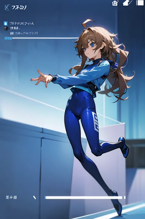 screenshot of anime blue lock, oc girl, female of medium low height, black full body uniform pants and long sleeve t-shirt, shor...