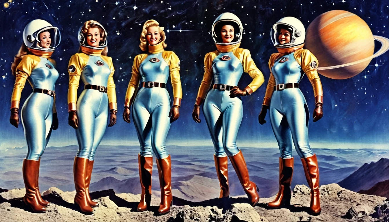 1950's illustration style, 1girl:  (a perfect hourglass figure blonde sexy-leotard gloves boots retro-helmet utility-belt) looking at a retro_rocket in the distance,  back: (a mountains, nebula, planets), extremely detailed, high quality, masterpiece   