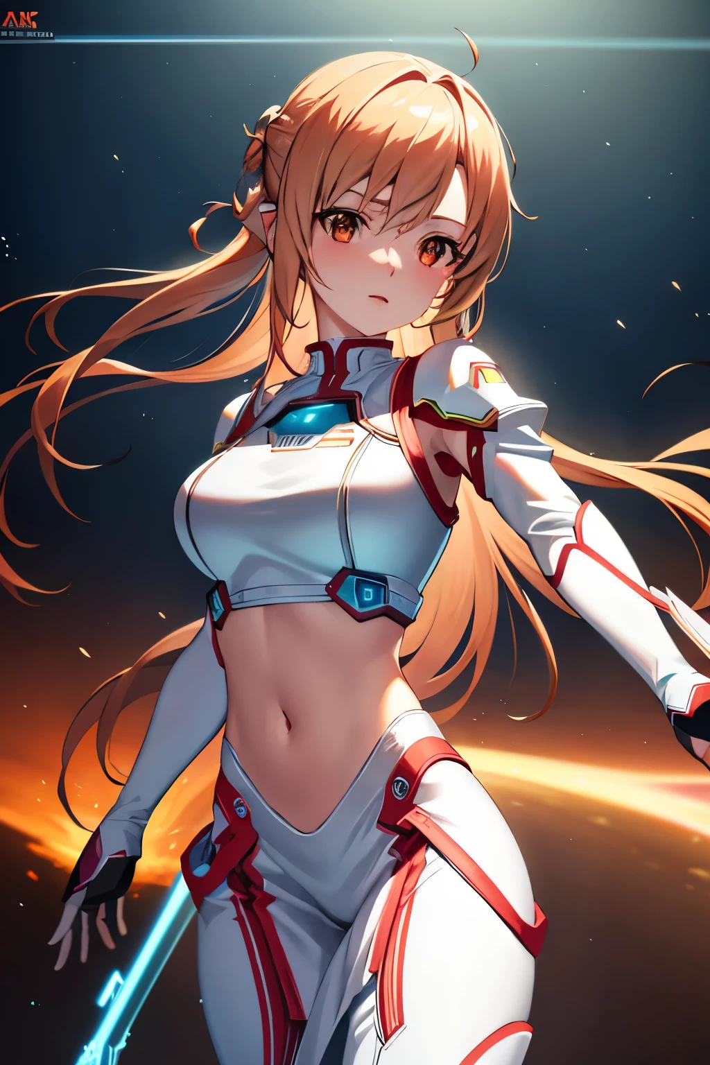 Asuna as a cyborg girl, sexy, wearing a sci-fi cyborg crop top armor, wearing mind control device on heaf, floating hair, outstretched arm, futuristic lab background (best quality,4k,8k,highres,masterpiece:1.2),ultra-detailed,(realistic,photorealistic,photo-realistic:1.37),intricate details,highly detailed face,hyper detailed eyes,extremely detailed skin,cinematic lighting,dramatic lighting,vibrant colors,digital painting,concept art,science fiction,futuristic,cyberpunk, sao