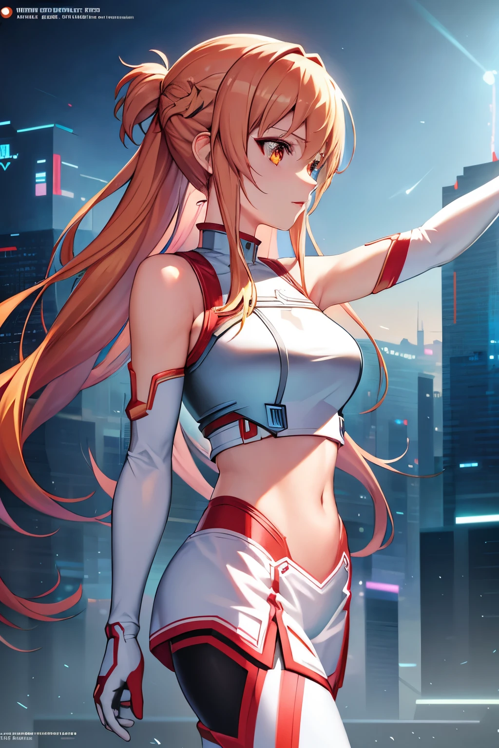 Asuna as a cyborg girl, sexy, wearing a sci-fi cyborg crop top armor, wearing mind control device on heaf, floating hair, outstretched arm, futuristic lab background (best quality,4k,8k,highres,masterpiece:1.2),ultra-detailed,(realistic,photorealistic,photo-realistic:1.37),intricate details,highly detailed face,hyper detailed eyes,extremely detailed skin,cinematic lighting,dramatic lighting,vibrant colors,digital painting,concept art,science fiction,futuristic,cyberpunk, sao