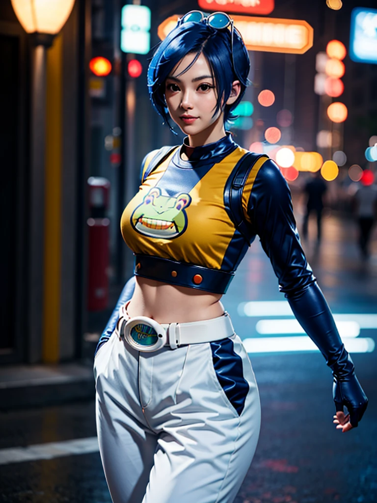 (at night), in a video game scene, a background of a beautiful city during the day raining, standing at attention, semi-short blue hair, blouse with an anime frog face, white flared pants, wearing blue fingerless exercise gloves, has round goggles on her head, huge belt with a round eyeglass, ((blue hair)), 1 girl, alone, 20 years old, young woman, perfect hands, beautiful fingers, beautiful long legs, beautiful body, beautiful nose, beautiful design of characters, perfect face, looking at the viewer with serious gesture (focusing on his face), closed mouth, Light_Smile, official art, extremely detailed CG unity 8k wallpaper, perfect lighting, bright and colorful front lighting, glowing skin (masterpiece : 1.0), (best_quality: 1.0), ultra high resolution, 4K, ultra detailed photography, 8K, HDR, high resolution, nonsense:1.2, Kodak portra 400, film grain, background blur, bokeh:1.2, lens flare, (vibrant_color:1.2), professional photography, (beautiful_face: 1.5), (narrow waist),
