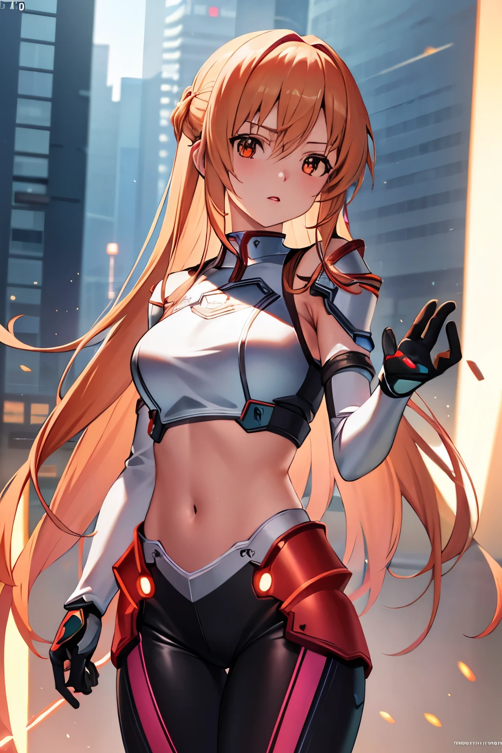 Asuna as a cyborg girl, sexy, wearing a sci-fi cyborg crop top armor, wearing mind control device on heaf, floating hair, outstretched arm, futuristic lab background (best quality,4k,8k,highres,masterpiece:1.2),ultra-detailed,(realistic,photorealistic,photo-realistic:1.37),intricate details,highly detailed face,hyper detailed eyes,extremely detailed skin,cinematic lighting,dramatic lighting,vibrant colors,digital painting,concept art,science fiction,futuristic,cyberpunk, sao