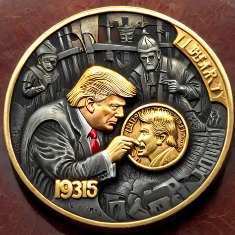 a photo of golden Donald Trump carving golden coins cnl, CNL Lighting, CNL Texture, high resolution, comely, highest quallity, w...
