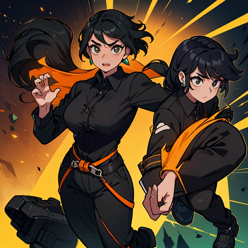 A Woman. Black Social shirt. Black pants. Black Shoes. Bronw hair. Orange coat tied at the waist. Green earrings. A ring on the left hand