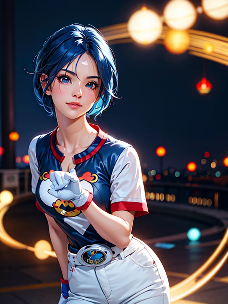 (por la noche), en una escena de videojuego, a background of a Hermoso city during the day raining, Parado en atención, semi-short pelo azul, blouse with an anime frog rostro, pantalones acampanados blancos, usando guantes de ejercicio azules sin dedos, tiene gafas redondas en la cabeza, cinturón enorme con gafas redondas, ((pelo azul)), 1 chica, alone, 20 años, mujer joven, manos perfectas, Hermoso fingers, Hermoso long legs, Hermoso body, Hermoso nose, Hermoso design of characters, perfect rostro, mirando al espectador con gesto serio (focusing on his rostro), boca cerrada, luz_sonrisa, arte oficial, Fondo de pantalla CG unity 8k extremadamente detallado, Iluminación perfecta, iluminación frontal brillante y colorida, piel brillante (obra maestra : 1.0), (Mejor_calidad: 1.0), ultra Alta resolución, 4k, fotografía ultra detallada, 8K, hdr, Alta resolución, Disparates:1.2, Kodak retrato 400, grano de la película, Desenfoque de fondo, bokeh:1.2, Destello de lente, (vibrante_color:1.2), fotografía profesional, (Hermoso_rostro: 1.5), (cintura estrecha),
