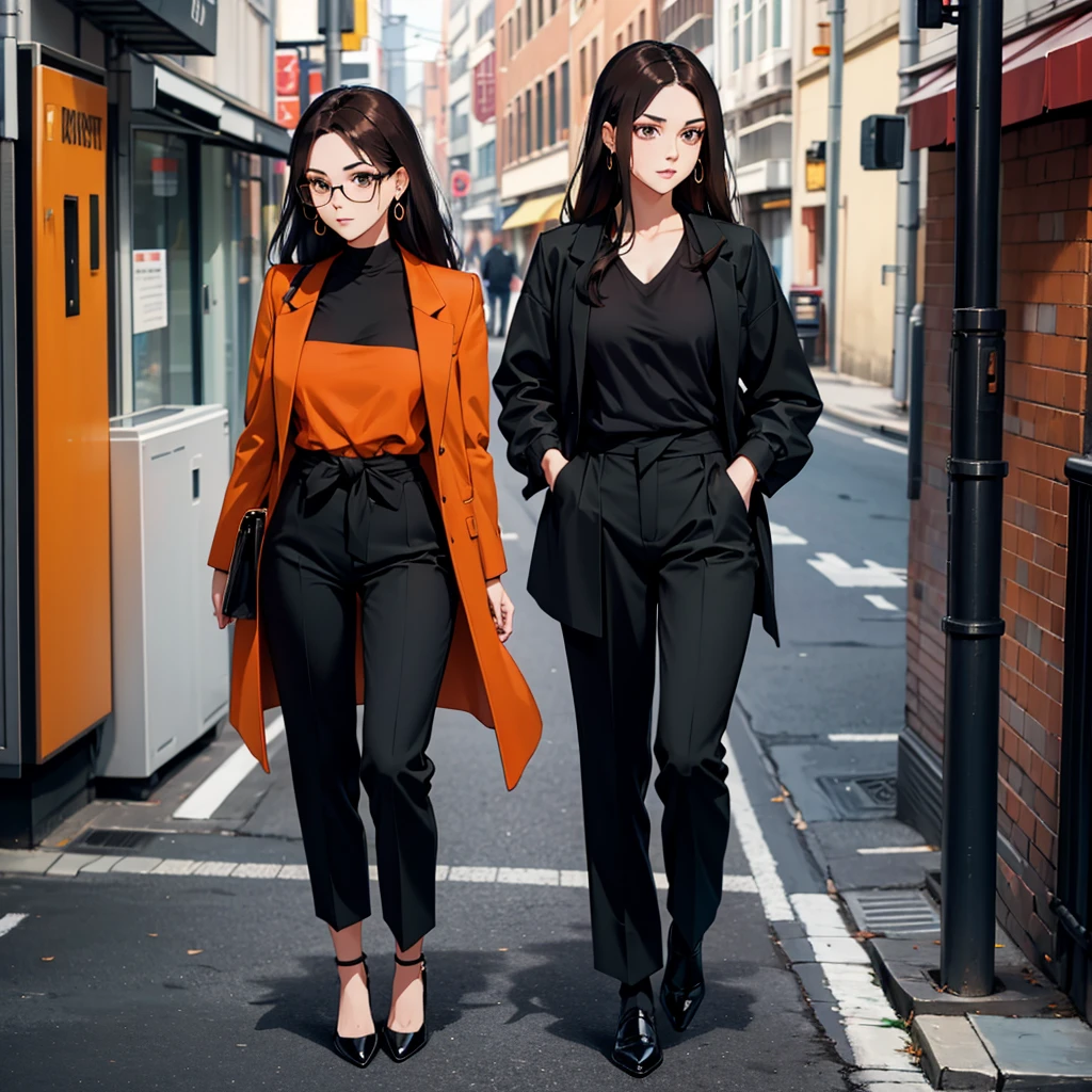 A Woman. Black Social shirt. Black pants. Black Shoes. Bronw hair. Orange coat tied at the waist. Green earrings. A ring on the left hand