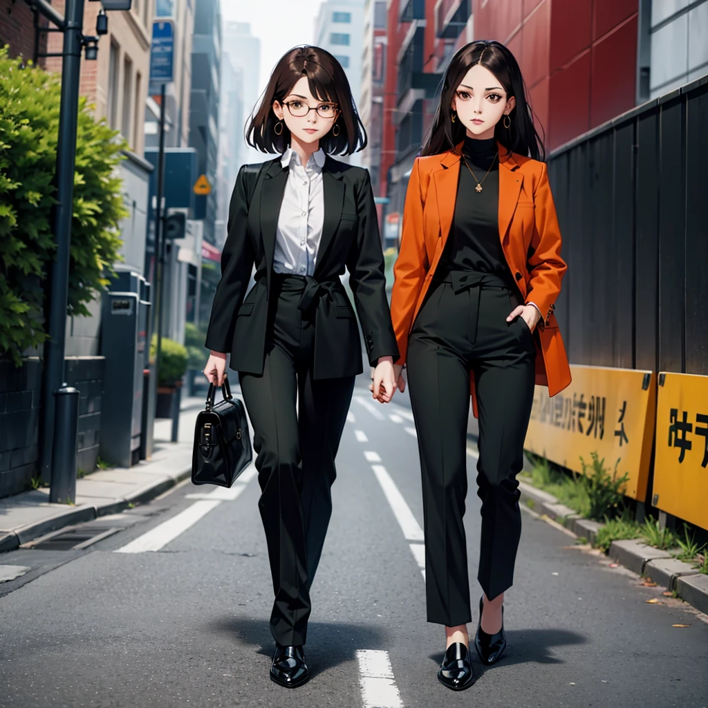 A Woman. Black Social shirt. Black pants. Black Shoes. Bronw hair. Orange coat tied at the waist. Green earrings. A ring on the left hand