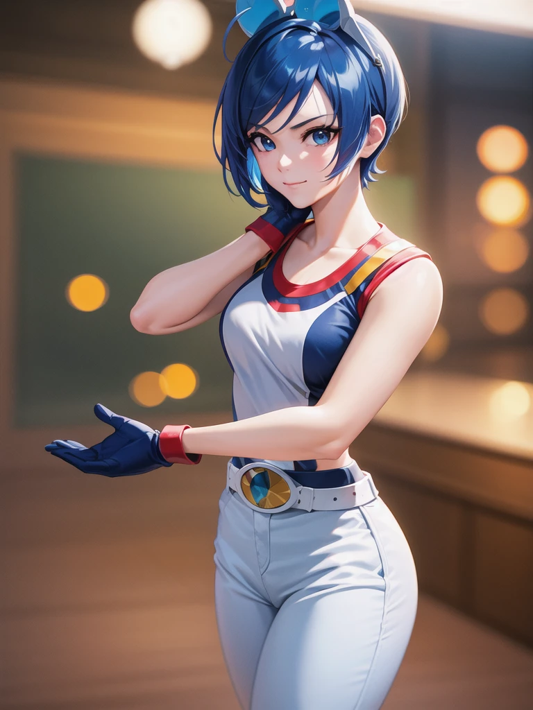 (at night), in a video game scene, a background of a beautiful city during the day raining, standing at attention, semi-short blue hair, blouse with an anime frog face, white flared pants, wearing blue fingerless exercise gloves, has round goggles on her head, huge belt with a round eyeglass, ((blue hair)), 1 girl, alone, 20 years old, young woman, perfect hands, beautiful fingers, beautiful long legs, beautiful body, beautiful nose, beautiful design of characters, perfect face, looking at the viewer with serious gesture (focusing on his face), closed mouth, Light_Smile, official art, extremely detailed CG unity 8k wallpaper, perfect lighting, bright and colorful front lighting, glowing skin (masterpiece : 1.0), (best_quality: 1.0), ultra high resolution, 4K, ultra detailed photography, 8K, HDR, high resolution, nonsense:1.2, Kodak portra 400, film grain, background blur, bokeh:1.2, lens flare, (vibrant_color:1.2), professional photography, (beautiful_face: 1.5), (narrow waist),
