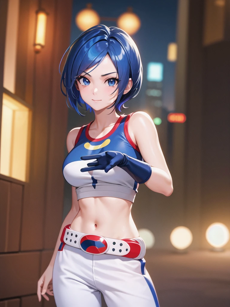 (at night), in a video game scene, a background of a beautiful city during the day raining, standing at attention, semi-short blue hair, blouse with an anime frog face, white flared pants, wearing blue fingerless exercise gloves, has round goggles on her head, huge belt with a round eyeglass, ((blue hair)), 1 girl, alone, 20 years old, young woman, perfect hands, beautiful fingers, beautiful long legs, beautiful body, beautiful nose, beautiful design of characters, perfect face, looking at the viewer with serious gesture (focusing on his face), closed mouth, Light_Smile, official art, extremely detailed CG unity 8k wallpaper, perfect lighting, bright and colorful front lighting, glowing skin (masterpiece : 1.0), (best_quality: 1.0), ultra high resolution, 4K, ultra detailed photography, 8K, HDR, high resolution, nonsense:1.2, Kodak portra 400, film grain, background blur, bokeh:1.2, lens flare, (vibrant_color:1.2), professional photography, (beautiful_face: 1.5), (narrow waist),
