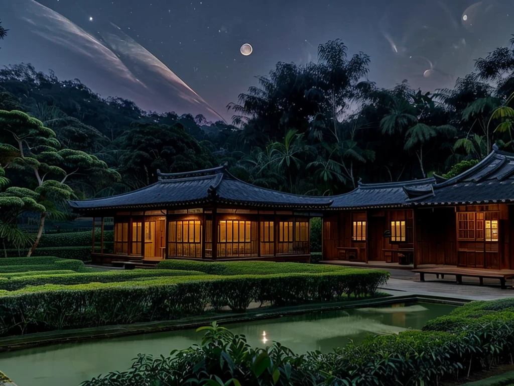 A moon，Hanging high above the tea garden，The moonlight shines on the tea garden