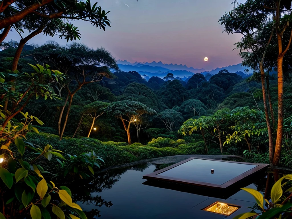 A moonlight，Hanging above the tea forest，Moonlight spilled，Shining on the tea forest