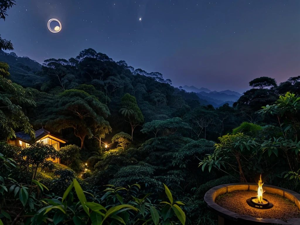 A moonlight，Hanging above the tea forest，Moonlight spilled，Shining on the tea forest