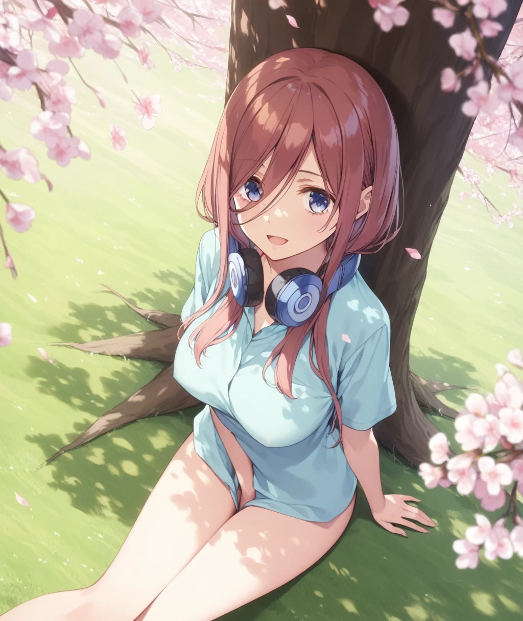 score_9, score_8_up, score_7_up, score_6_up,
uncensored,1girl, miku nakano, long hair, bangs, blue eyes, brown hair, shirt, hair between eyes, large breasts,headphones around neck,full naked,pink nipple,looking at viewer, solo,dating, picnic, (lunchbox:1.1), seat, on seat,outdoors, park, on grass, tree, cherry blossoms, Cherry blossom leaves dancing, sunlight filtering through the trees,
sitting, wariza, hand between legs,
(dutch angle), (from above:1.1),
against tree,
smile, open mouth,
masterpiece, best quality,