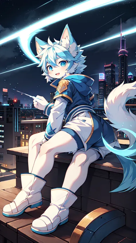 Blue hair，White hair，Blue dragon tail，The end of the tail has white fuzz，hairy，God of Art Super Top Quality, Super detailed, Hig...