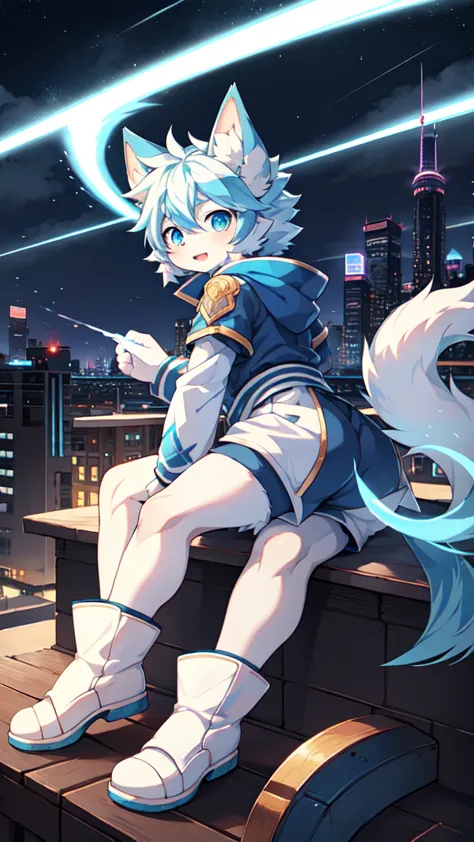 blue hair，white hair，blue dragon tail，the end of the tail has white fuzz，hairy，god of art super top quality, super detailed, hig...