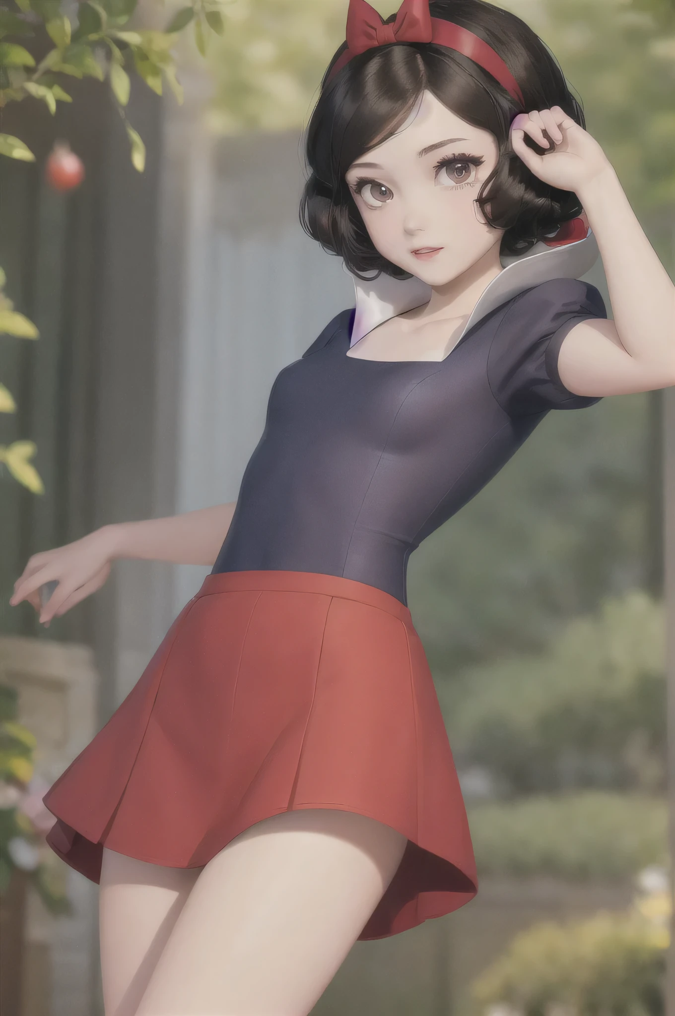 ((masterpiece:1.2), best quality, highres, ultra-detailed), solo, 1girl, (SnowPrincessw,snowwhite from disney,beautiful skin:1.2),(drooping eyes:1.4), (14 years old,small breasts,brown eyes,large eyes,black hair,retro curly bob:1.1),elegant face,(red headband with a red ribbon in the center:1.3),
princess,red cloak,(dress,skirt), cowboy shot,
looking at viewer, (outdoor,at night,castle:1.2) 