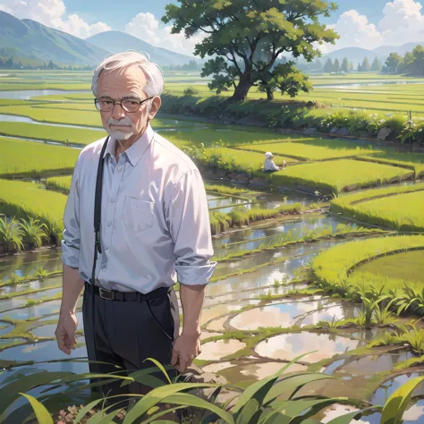 (illustration, best quality, masterpiece, official art:1.1), old man in white shirt, rice fields&#39; sunshine