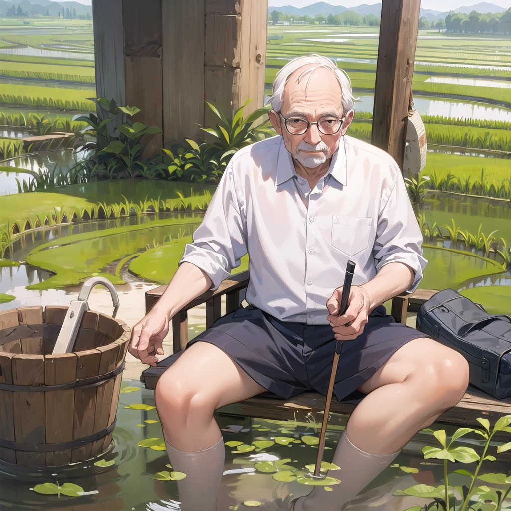 (illustration, best quality, masterpiece, Official Art:1.1), Old man in white shirt, Rice fields&#39; sunshine