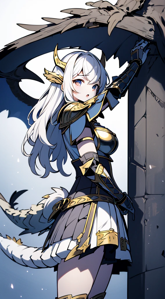 knight，Dragon Girl，Anthropomorphic Dragon，Dragon Horn，knightarmor，Plate，Breastplate，Wristband，Arm Guard，Metal armor，armor，wing，巨龙wing，巨龙knight女孩，Big breasts，Pale，silver white，White hair，White scales，Dragon Claw，butt，大butt，Big breasts，Big breasts，armor，knight长枪，Holding a spear，knight长矛，手持knight长矛长矛，Huge spear，Fantasy style，Fantasy style，Skirt Armor，Skirt，Dragon Tail，巨Dragon Tail，Fleshy tail，Chubby tail