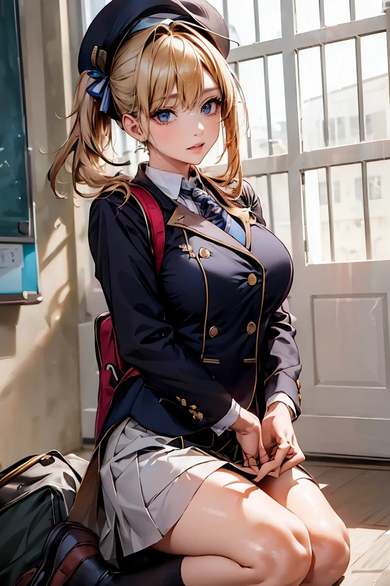 (masterpiece), ((Highest quality)), (masterpiece,Highest quality,Official Art,Highly detailed CG Unity 8K wallpapers)、Beautiful Japanese Woman、Detailed face、Smooth Skin、Big Breasts、((Side Ponytail:1.6、Blonde))、"High school girl in a futuristic uniform。Wearing a monochrome tight-fitting blazer、Metallic buttons and school crest on left chest。Below is the、He is wearing a clean white shirt with hidden buttons.、The collar and cuffs have thin lines。The skirt is a knee-length A-line skirt.、Does it have the same simple stripes as the blazer?、You may be wearing tight-fitting straight pants of the same pattern.。Shoes must be black or dark grey sneakers、Includes silver accents。As an accessory、A tie or ribbon in school colors、Lightweight and multifunctional backpack with reflectors、We also have caps and berets that can be used during extracurricular activities.。The material of the uniform is temperature regulating、Antifouling、Has antibacterial properties。"