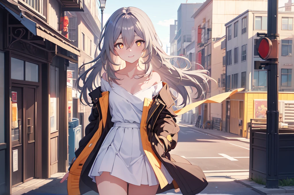 (masterpiece,best quality:1.4),(highres,perfect anatomy:1.2),official wallpaper,pixiv id,
outdoors,street,lamppost,
1girl,solo,(full body:0),silver hair,bronya zaychik,
collarbone,(long hair,bangs,hair between eyes),(bright pupils,detailed pupils,glint),seductive smile,(blush:0),
