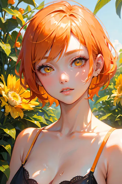 Beautiful adult woman、((Orange short hair))(Yellow Eyes))、Face close-up、Bakemonogatari、Summer background