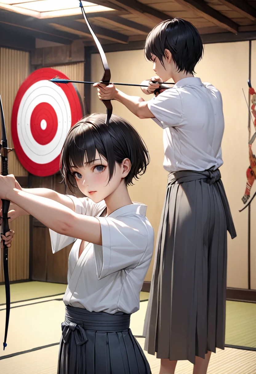 {{masterpiece、Highest quality、(((Realistic、Realistic:1.37)))、One Girl, 8K quality、Very delicate and beautiful、wonderful、Large file size、Very detailed、Very detailed、Cinema Lighting}}、Small breasts, Hinyuu,Tomboy,Looks like a boy,Very short hair,Black Hair,Boys Haircut,Short sleeve,,Bow and Arrow,Target,aiming Target,(White kimono) (Gray Hakama),kimono,Japanese Dojo, Drawing Bow Anatomically Accurate Body Drawing、The rooms and gardens of Japanese feudal lords&#39;residence of、With a bow and arrow in hand，Combat Stance