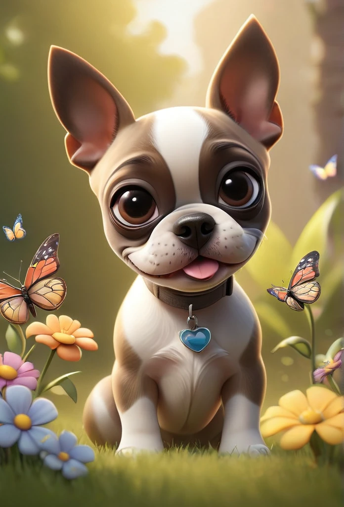 Adorable small tan boston Terrior puppy playing at park, wearing sunglasses playing at park butterflies and flowers in background 3D Pixar style
