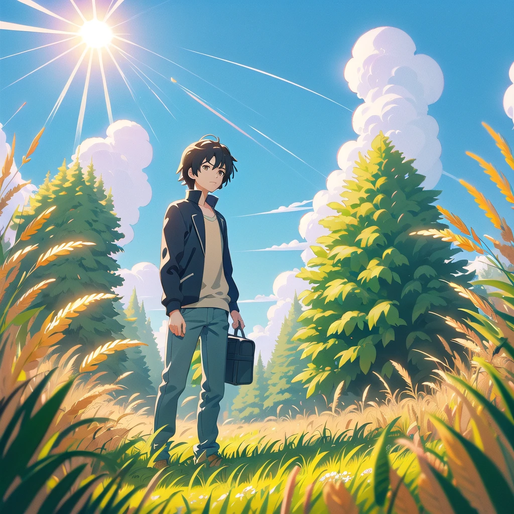 Un hombre se encontraba de pie en un campo lleno de alta hierba dorada, style of shinkai makoto, ( ( shinkai makoto ) ), shinkai makoto cyril rolando, shinkai makoto, in style of shinkai makoto, estilo lofistyle, shinkai makoto movie, estilo lofi, Estudio Ghibli Sol