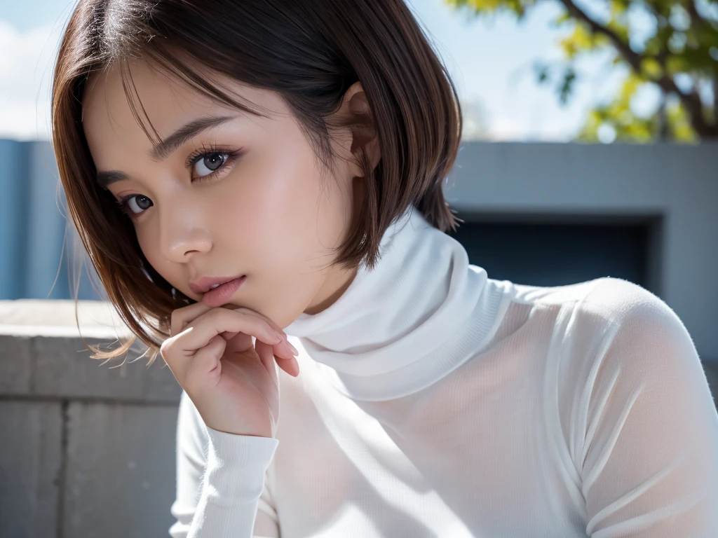 (((masterpiece, best quality,ultra-detailed,8k,high resolution))), (upper body),24 years old , 1girl, short hair, (((put on Turtleneck to cover the half face)))