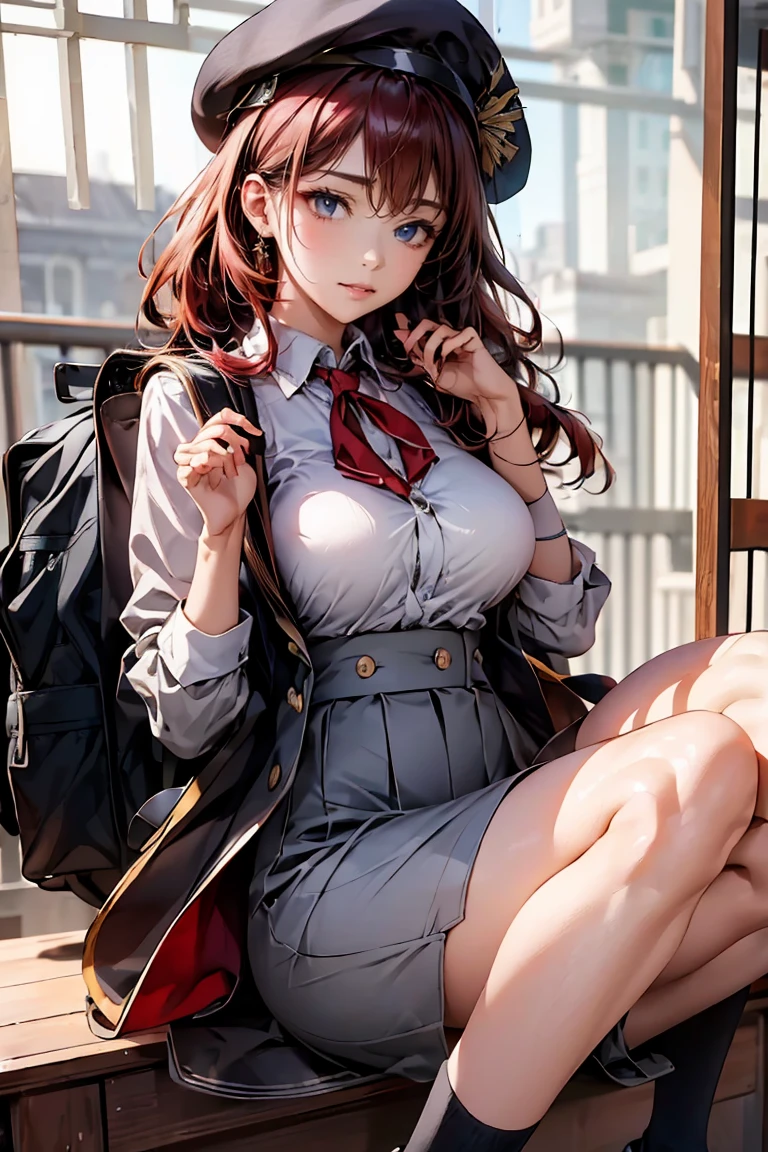 (masterpiece), ((Highest quality)), (masterpiece,Highest quality,Official Art,Highly detailed CG Unity 8K wallpapers)、Beautiful Japanese Woman、Detailed face、Smooth Skin、Big Breasts、((Long hair with perm ends:1.6、Red hair))、"High school girl in a futuristic uniform。Wearing a monochrome tight-fitting blazer、Metallic buttons and school crest on left chest。Below is the、He is wearing a clean white shirt with hidden buttons.、The collar and cuffs have thin lines。The skirt is a knee-length A-line skirt.、Does it have the same simple stripes as the blazer?、You may be wearing tight-fitting straight pants of the same pattern.。Shoes must be black or dark grey sneakers、Includes silver accents。As an accessory、A tie or ribbon in school colors、Lightweight and multifunctional backpack with reflectors、We also have caps and berets that can be used during extracurricular activities.。The material of the uniform is temperature regulating、Antifouling、Has antibacterial properties。"