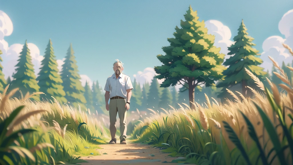 Hay un anciano con una camisa blanca parado en un campo lleno de hierba alta y dorada., estilo de Shinkai Makoto, ,  Película de Xin Haicheng, estilo lofi, Estudio Ghibli Sol