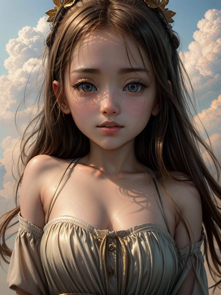 Beautiful detailed summer sky、Beautiful detailed summer clouds、Beautiful detailed flying girl、Shooting from below、1 girl、Detailed eyes、Detailed face、Detailed skin、Graceful pose、no gravity、Shine、Ethereal、Cinematic lighting、Warm color palette、Golden Hour、Dramatic Shadows、Volumetric lighting、Photorealistic、8k、high quality、masterpiece