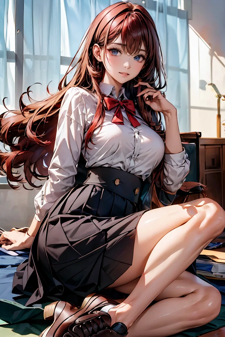 (masterpiece), ((Highest quality)), (masterpiece,Highest quality,Official Art,Highly detailed CG Unity 8K wallpapers)、Beautiful Japanese Woman、Detailed face、Smooth Skin、Big Breasts、((Long hair with perm ends:1.6、Red hair))、"High school girl in a futuristic uniform。Wearing a monochrome tight-fitting blazer、Metallic buttons and school crest on left chest。Below is the、He is wearing a clean white shirt with hidden buttons.、The collar and cuffs have thin lines。The skirt is a knee-length A-line skirt.、It has the same simple stripes as the blazer.。Shoes must be black or dark grey sneakers、Includes silver accents。As an accessory、Ribbon in school colors、We also have caps and berets that can be used during extracurricular activities.。The material of the uniform is temperature regulating、Antifouling、Has antibacterial properties。"