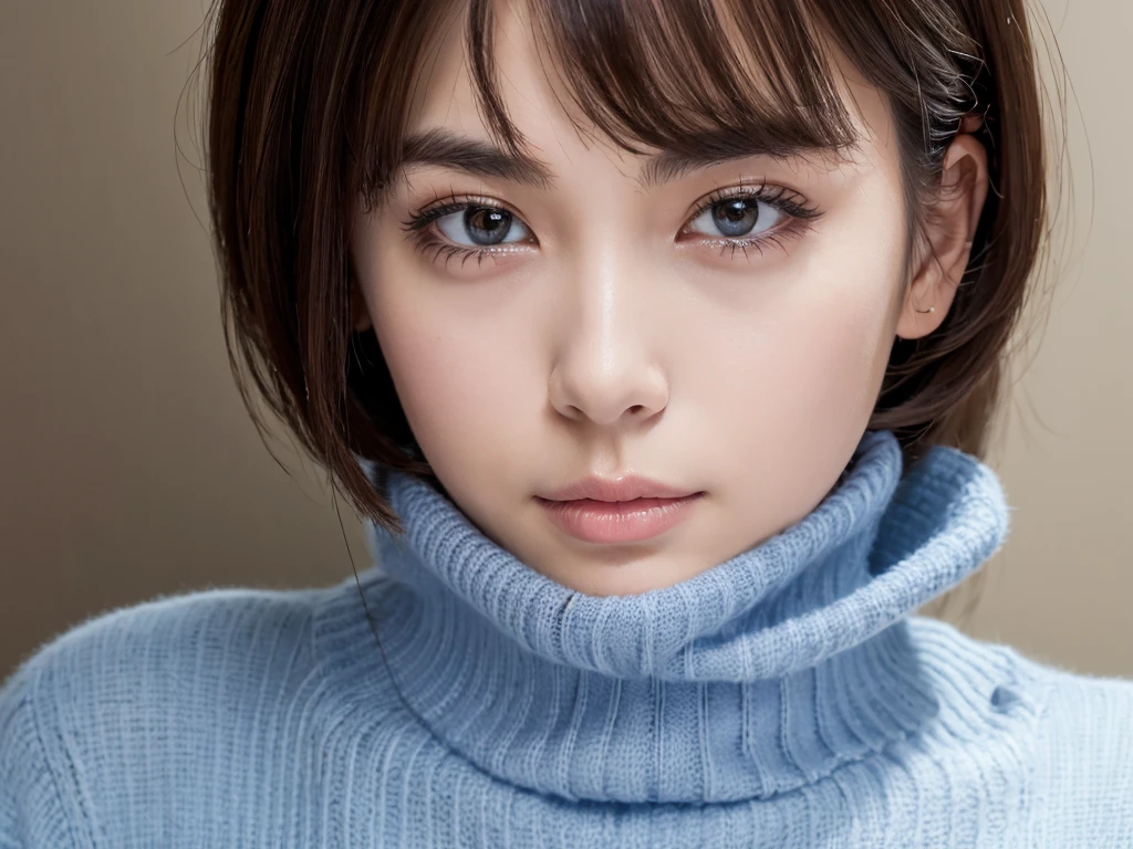 (((masterpiece, best quality,ultra-detailed,8k,high resolution))), (upper body),24 years old , 1girl, short hair, (((Cover half face with a turtleneck sweater)))