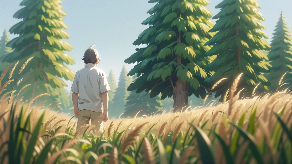 Un anciano con una camisa blanca está de pie en un campo lleno de hierba alta dorada, viejo de vuelta，Solo hierba alta dorada en primer plano，No hay árboles verdes，estilo de Shinkai Makoto, , Película de Xin Haicheng, estilo lofi, Estudio Ghibli Sol