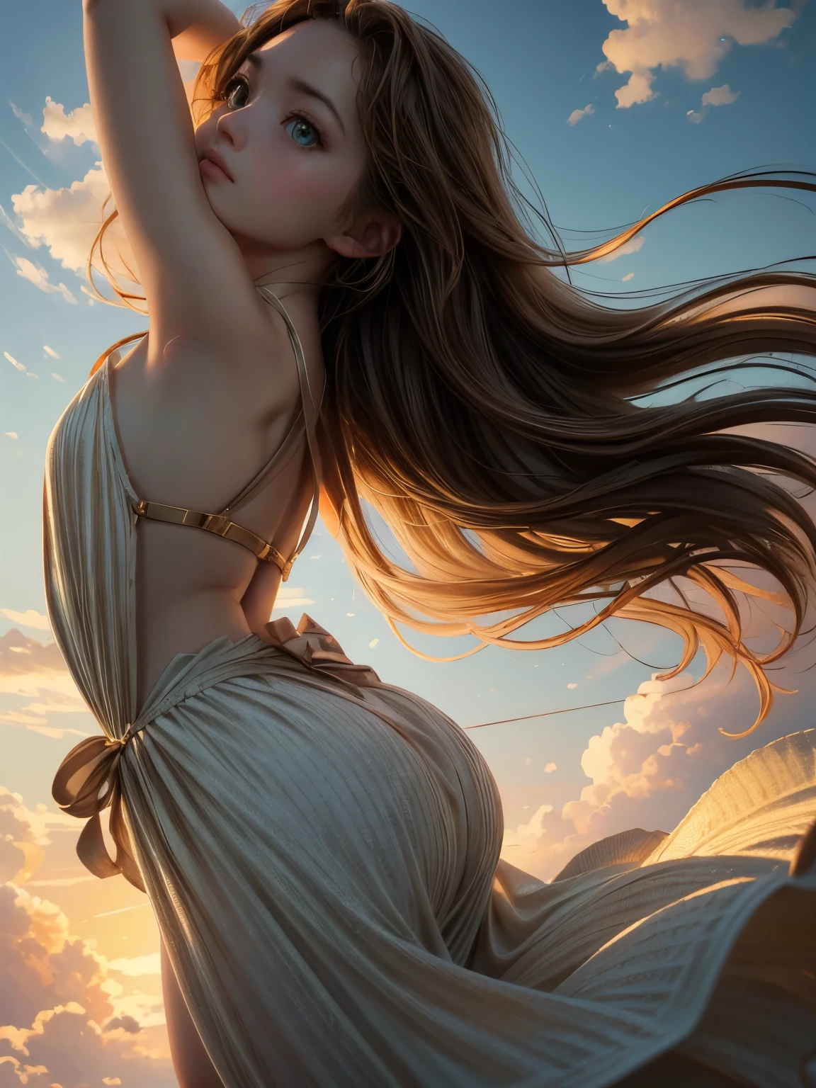 Beautiful detailed summer sky、Beautiful detailed summer clouds、Beautifully detailed girl jumping into the sky、Shooting from below、1 girl、Detailed eyes、Detailed face、Detailed skin、Graceful pose、no gravity、Shine、Ethereal、Cinematic lighting、Warm color palette、Golden Hour、Dramatic Shadows、Volumetric lighting、Photorealistic、8k、high quality、masterpiece