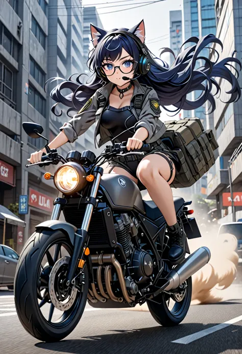 8k ultra high-quality, ultra-detailed, high quality, dark blue hair, long hair, headset, goggles, cat girl, grey tactical clothe...