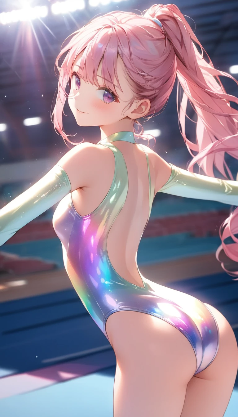 highquality illustration, masterpiece, very delicate and beautiful, attractive girl,((gymnastics leotard,tight-fit
 leotard,long sleeve leotard,long_sleeve leotard,high_leg leotard,athletic leotard,floral patterns leotard,iridescent gradient leotard)), audience reactions,thin,slender body,slim,high school,gymnasium,gymnastics club,beautiful eyes,(masterpiece, best quality:1.2), highres, extremely detailed CG unity 8k wallpaper, perfect lighting, Colourful, ultra-high res,4K,ultra-detailed, photography, 8K, HDR,  17 ages,cowboy shot,