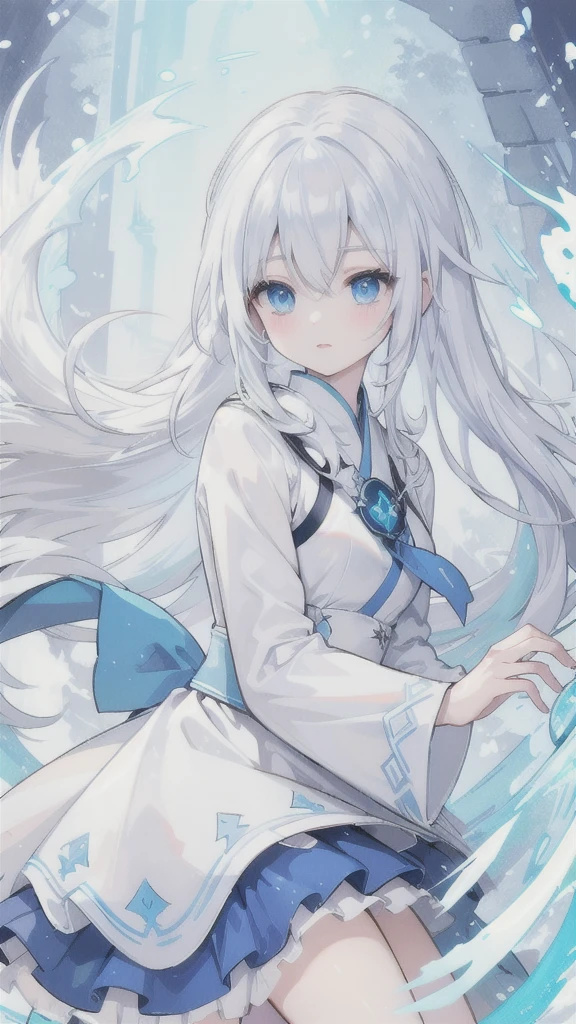 snow white hair，blue eyes，White Hanfu，ice silver armor，frozen dragon wings