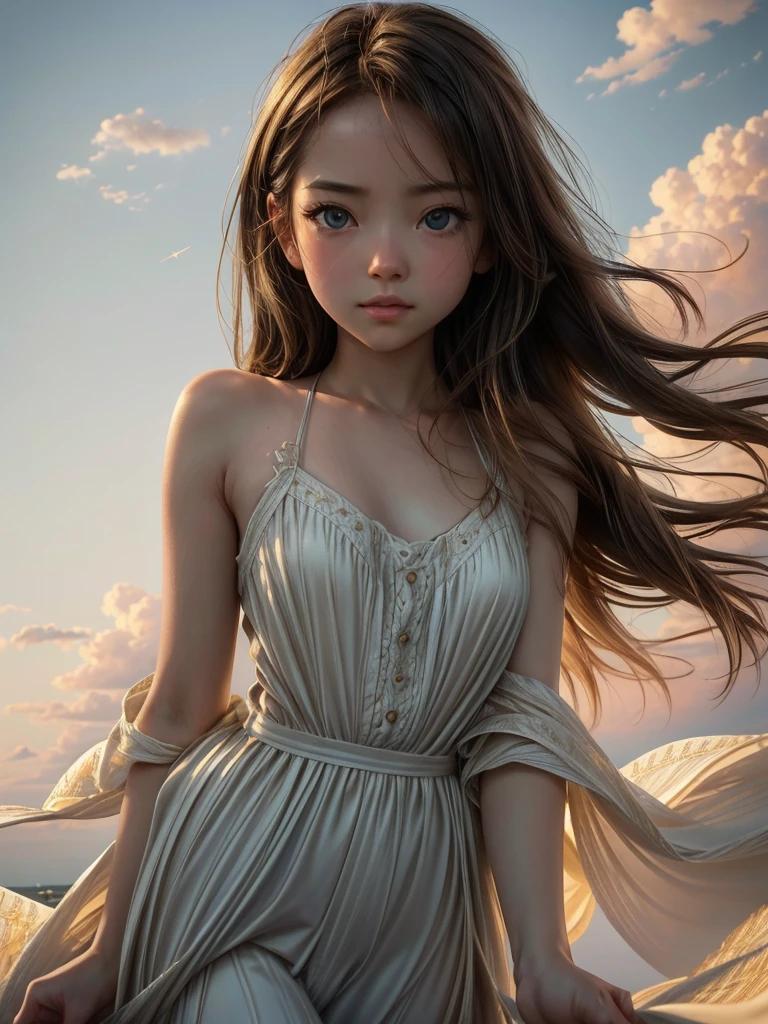 Beautiful detailed summer sky、Beautiful detailed summer clouds、Beautifully detailed girl jumping into the sky、Shooting from below、1 girl、Detailed eyes、Detailed face、Detailed skin、Graceful pose、no gravity、Shine、Ethereal、Cinematic lighting、Warm color palette、Golden Hour、Dramatic Shadows、Volumetric lighting、Photorealistic、8k、high quality、masterpiece