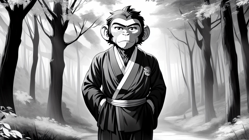 ((Masterpiece, high quality, best graphics, high definition, high definition, 4k)), old photo, vintage photo, 1 Monkey boy, (Solo), (((monkey ears, monkey tail))), ((upper body)), Wooden Katana in right hand, old samurai suit, old samurai pants, (ribbon on waist), wooden sandals, looking away, standing, (((monochrome, grayscale, pencil style, old movie style, noise, VHS movie, anime style))), (forest background, trees, tree shadow, grass, (((Saru to kani no Gassen anime 1917 style))).