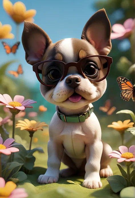 adorable small tan boston terrior puppy playing wearing sunglasses playing at park butterflies and flowers in background 3d pixa...