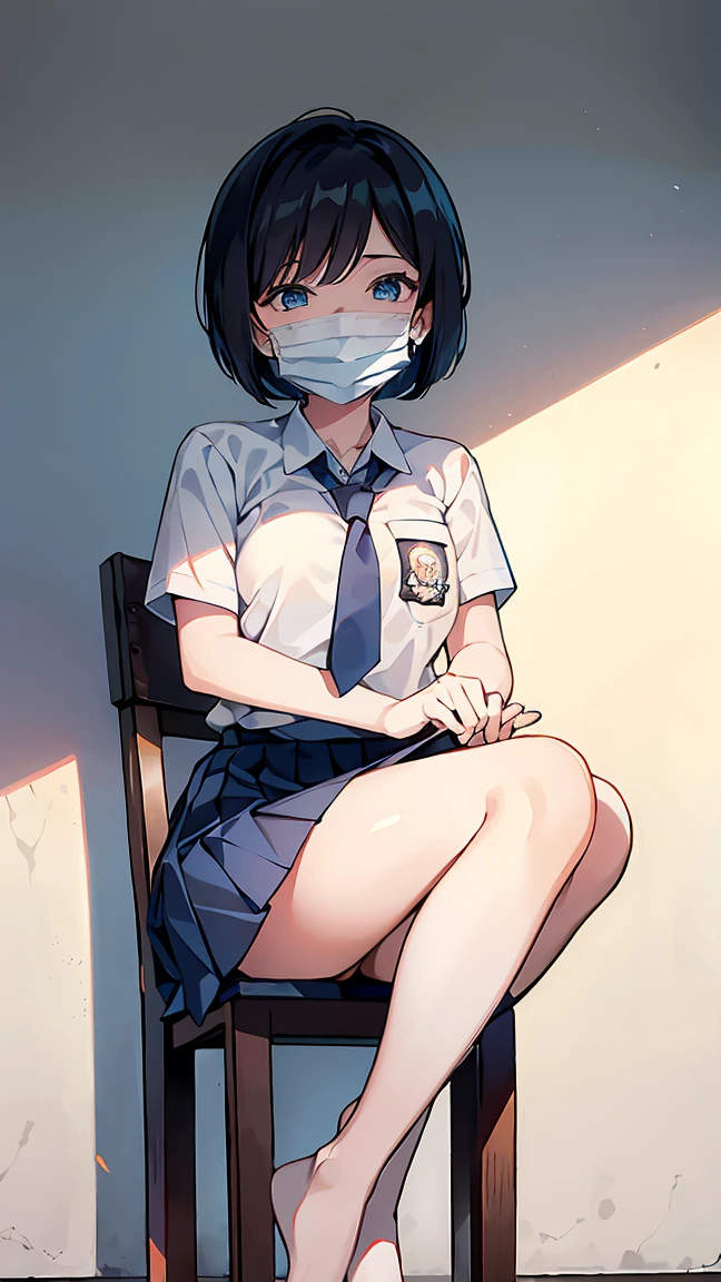 1 woman, 17 years old, (Short Layered Bob haircut, black hair), scared face expression, plump body, blue eyes, Indonesian high-school uniform, (wearing transparent white shirt, showing bra), osis logo on shirt pocket, huge XL breasts, light-grey pleated skirt, sitting on a chair, seductive pose, full body shot, smiling, in the classroom, wearing a mask (white surgical mask, surgical mask fit his face:1.2).